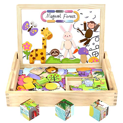 Tablero de Dibujo Magnético Lateral Doble de Madera Rompecabezas 110+ piezas para Niños de más de 3+ Años (Puzzle Cubo 3D)